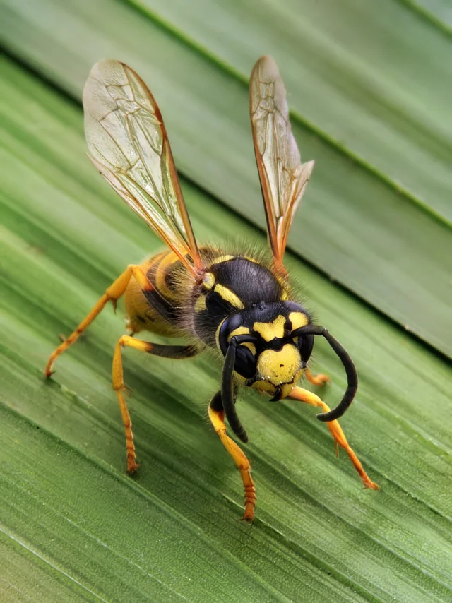Avispa chaqueta amarilla (Vespula germanica) obrera vista lateral con patrón amarillo y negro